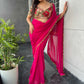 Rani Pink Georgette Saree with Floral Blouse & Golden Lace Border