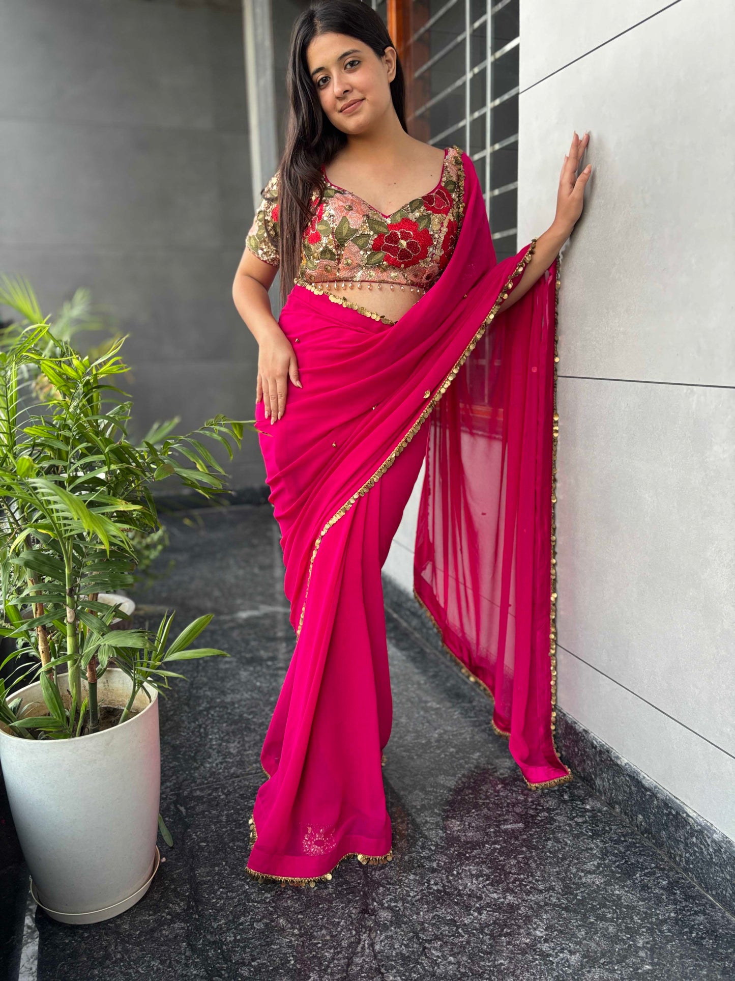 Rani Pink Georgette Saree with Floral Blouse & Golden Lace Border