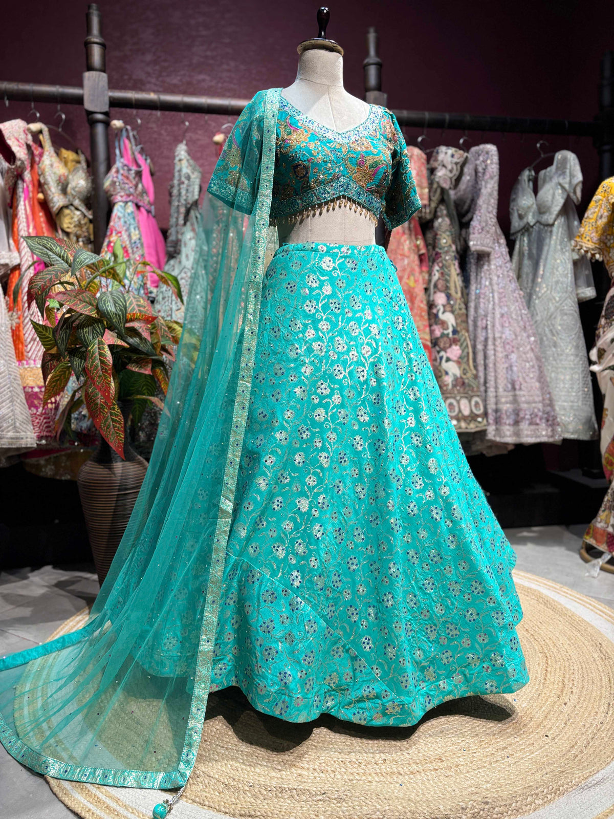 Turquoise Embroidered Lehenga with Designer Blouse & Net Dupatta