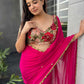 Rani Pink Georgette Saree with Floral Blouse & Golden Lace Border