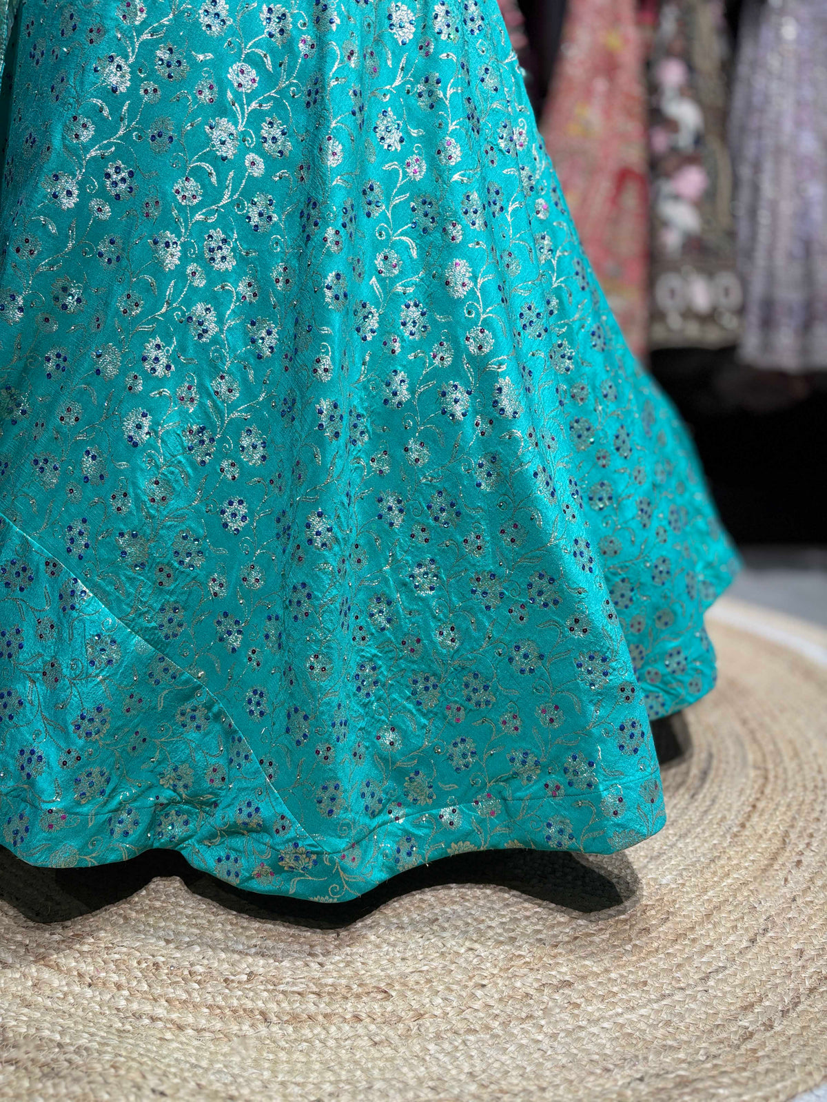 Turquoise Embroidered Lehenga with Designer Blouse & Net Dupatta