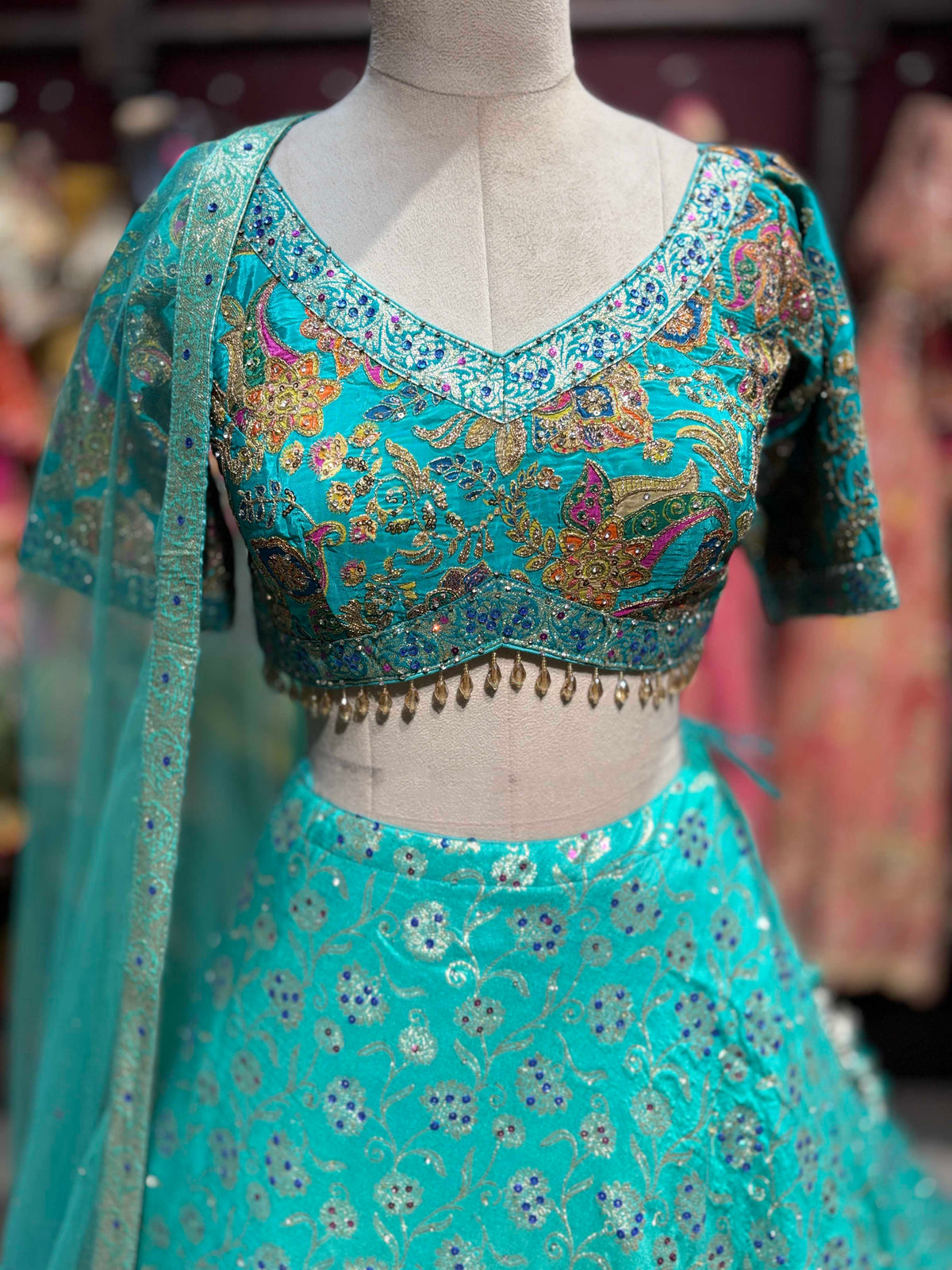Turquoise Embroidered Lehenga with Designer Blouse & Net Dupatta