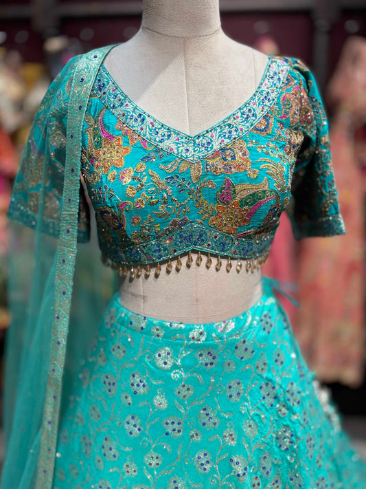 Turquoise Embroidered Lehenga with Designer Blouse & Net Dupatta