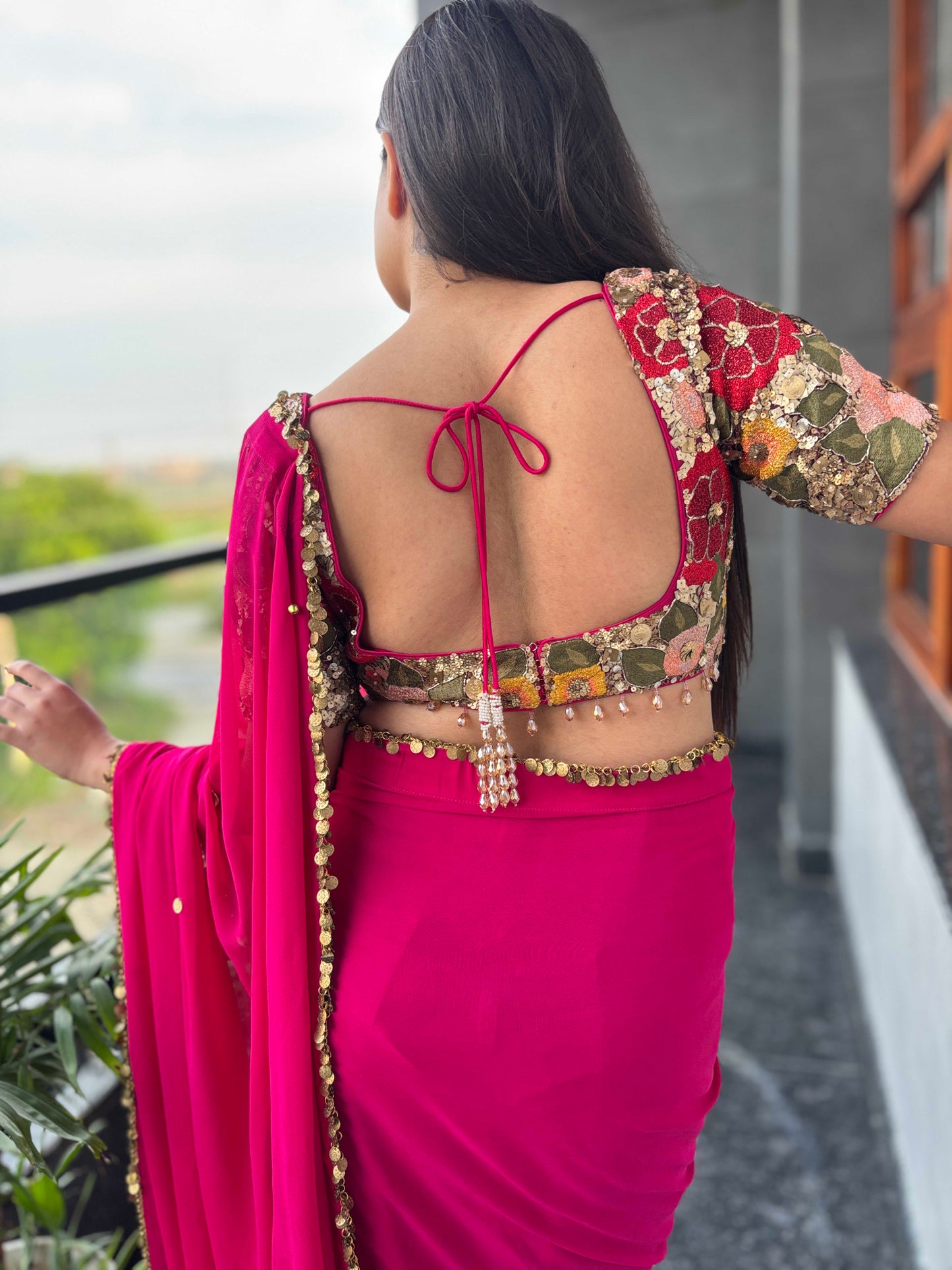 Rani Pink Georgette Saree with Floral Blouse & Golden Lace Border