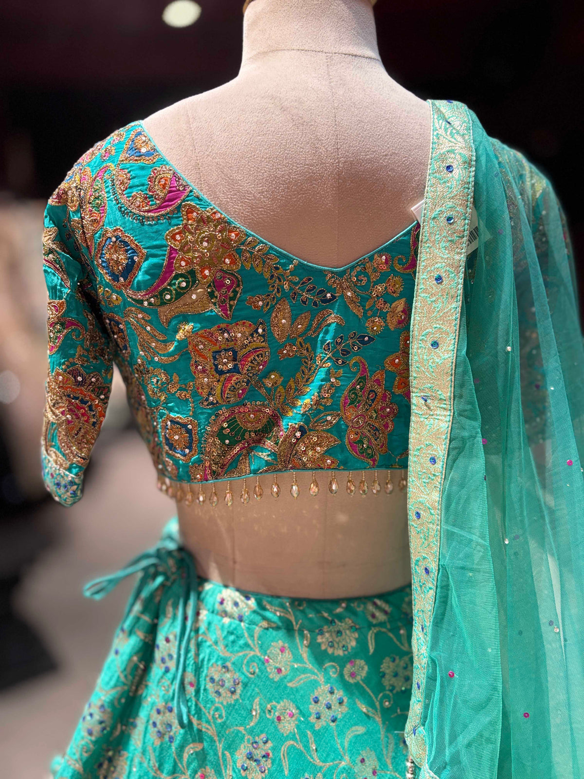 Turquoise Embroidered Lehenga with Designer Blouse & Net Dupatta