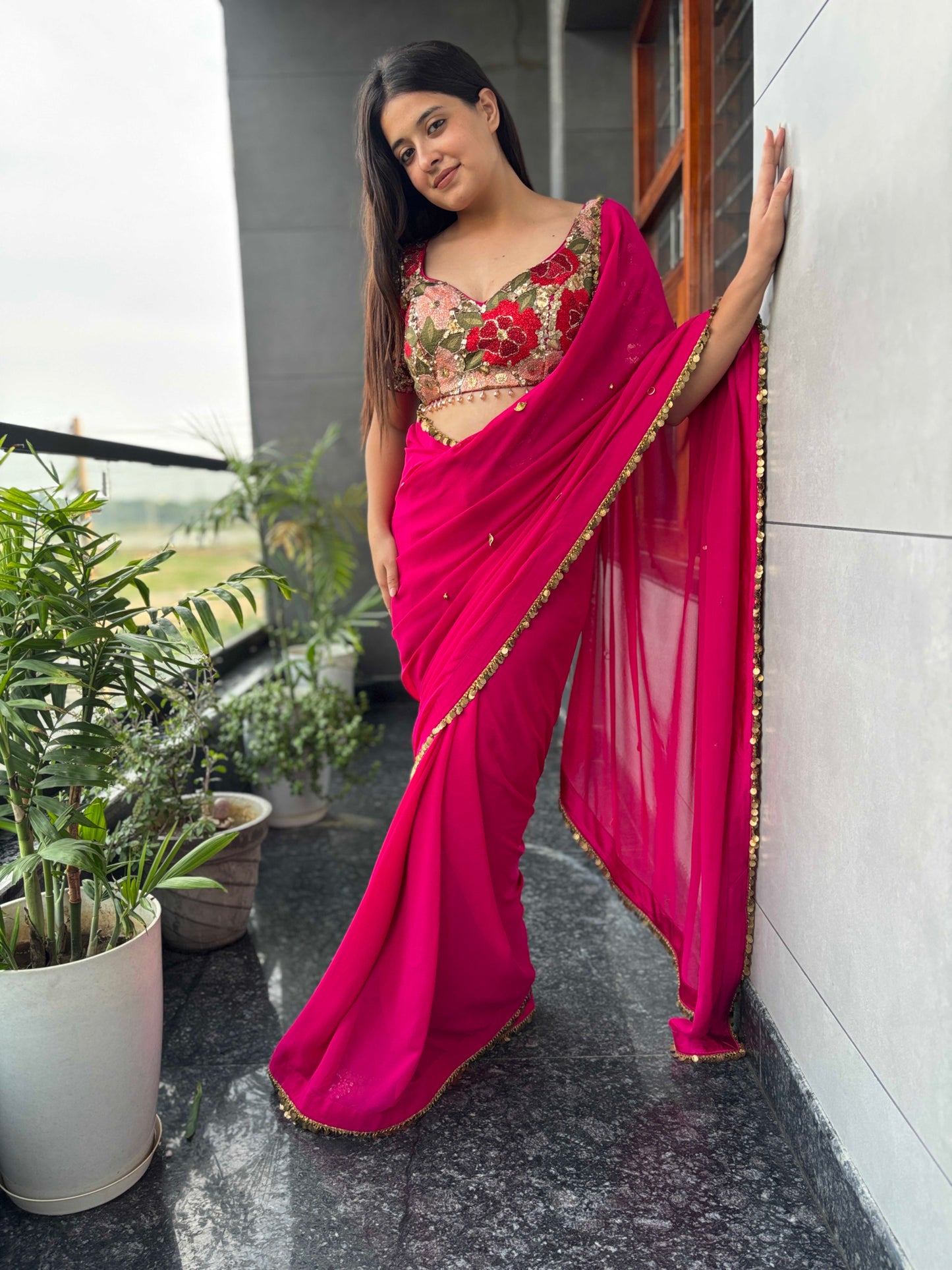 Rani Pink Georgette Saree with Floral Blouse & Golden Lace Border