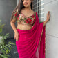 Rani Pink Georgette Saree with Floral Blouse & Golden Lace Border