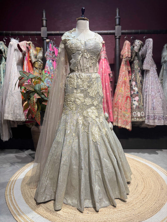 Silver Grey Floral Fish Cut Lehenga with Corset Blouse & Net Dupatta