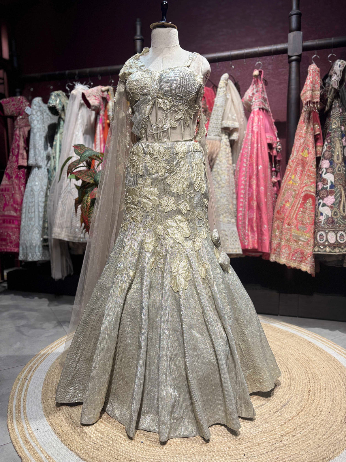 Silver Grey Floral Fish Cut Lehenga with Corset Blouse & Net Dupatta