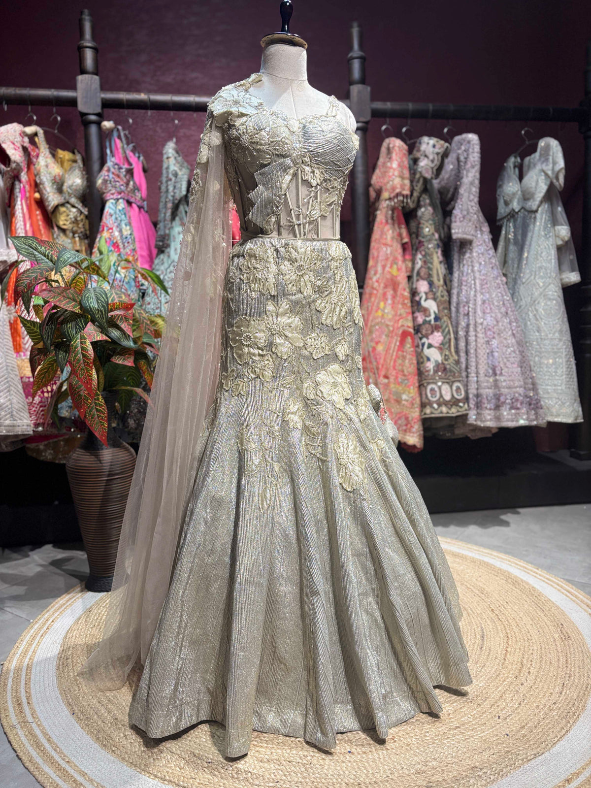 Silver Grey Floral Fish Cut Lehenga with Corset Blouse & Net Dupatta