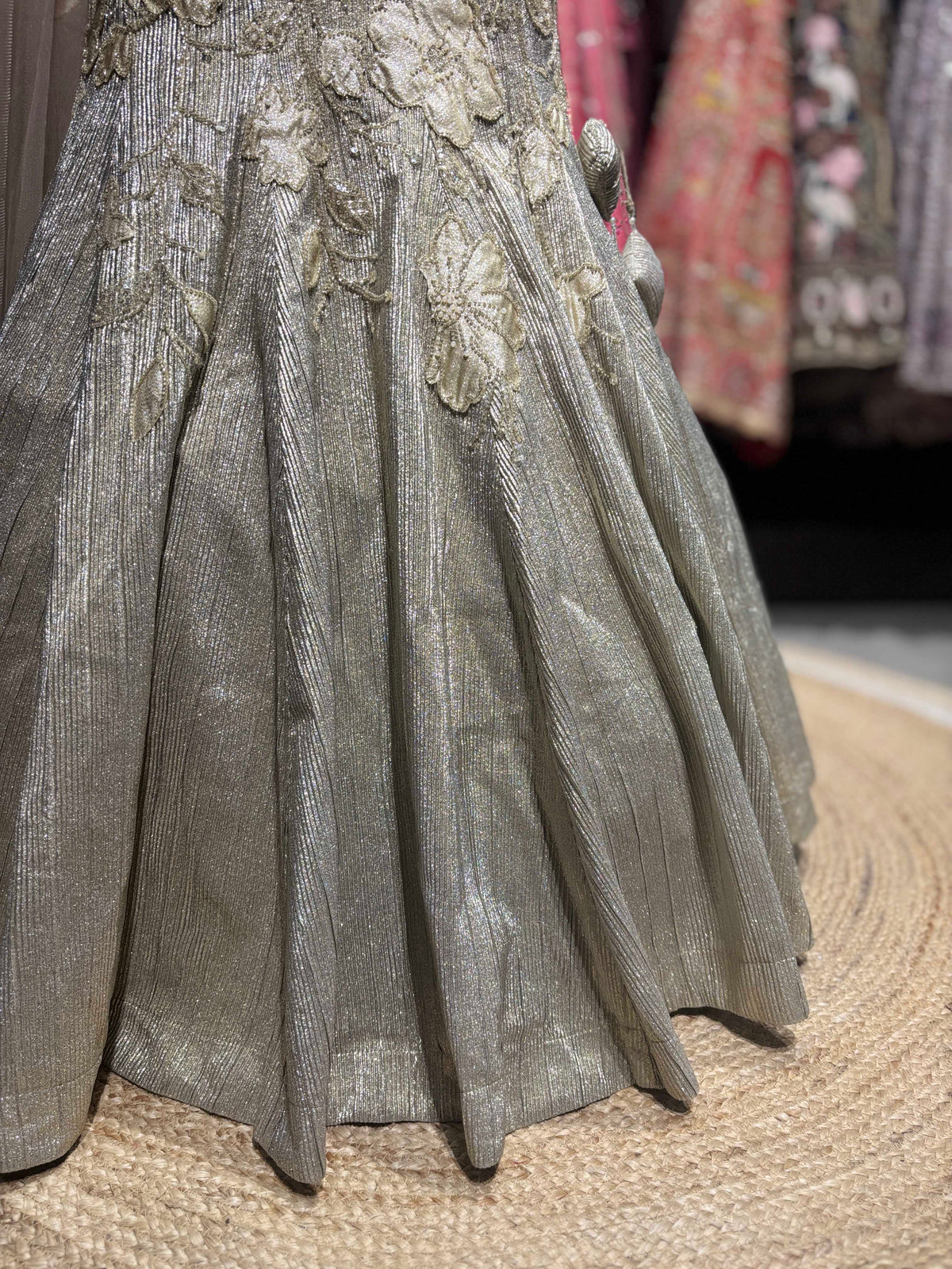 Silver Grey Floral Fish Cut Lehenga with Corset Blouse & Net Dupatta