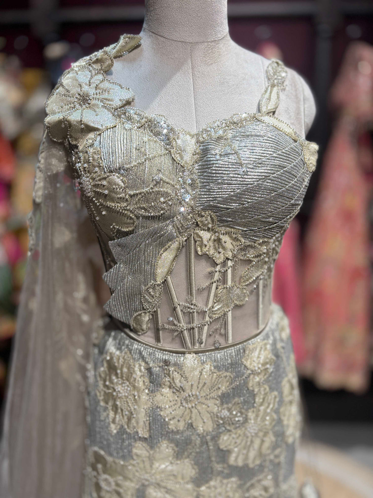 Silver Grey Floral Fish Cut Lehenga with Corset Blouse & Net Dupatta