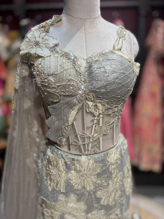 Silver Grey Floral Fish Cut Lehenga with Corset Blouse & Net Dupatta