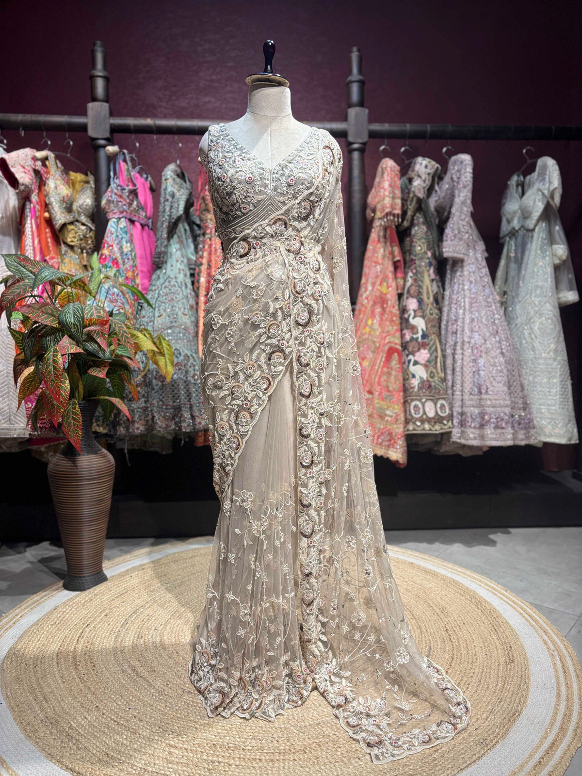 Champagne Embroidered Net Saree with Designer Blouse