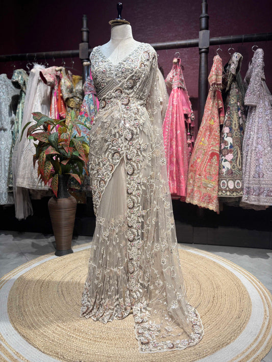 Champagne Embroidered Net Saree with Designer Blouse