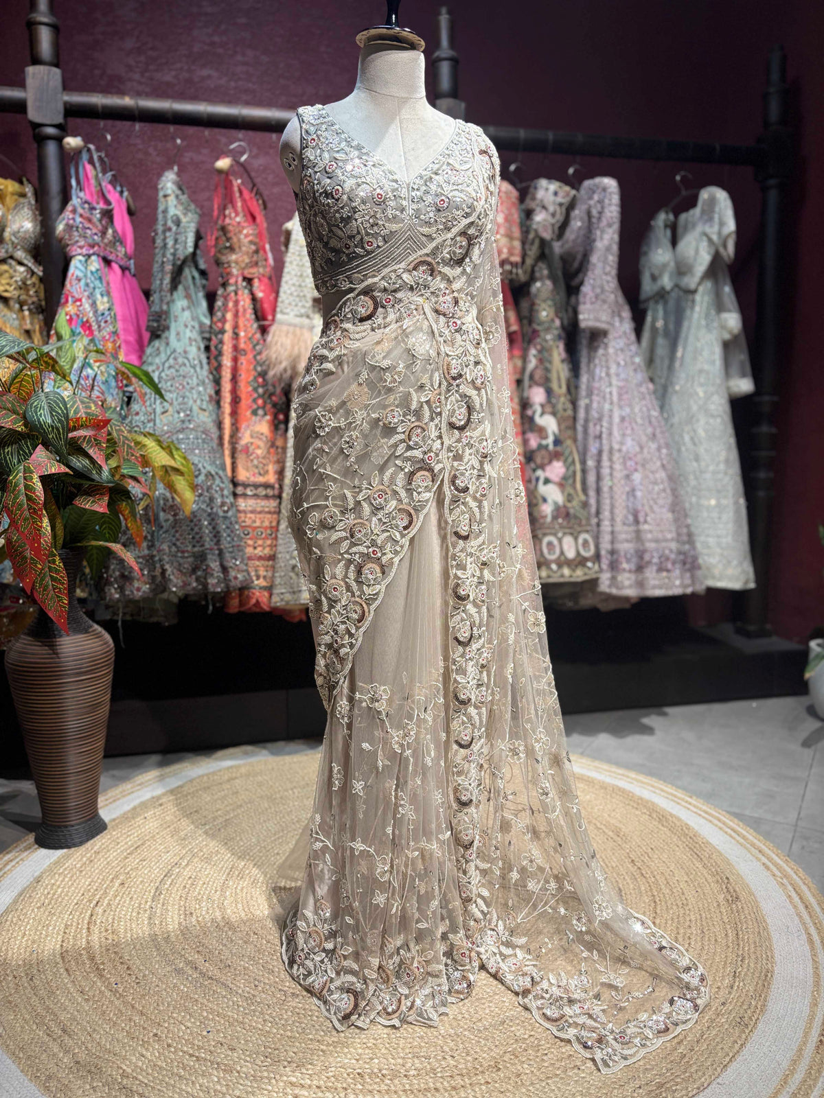 Champagne Embroidered Net Saree with Designer Blouse