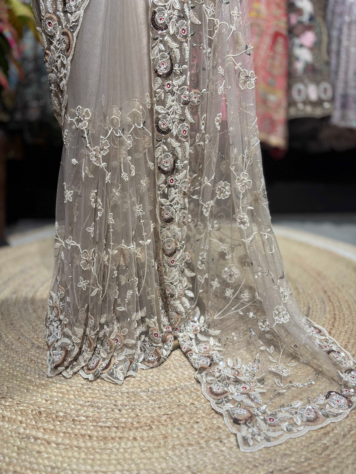 Champagne Embroidered Net Saree with Designer Blouse