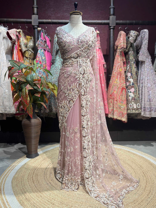 Blush Pink Rose Embroidered Net Saree with Designer Blouse