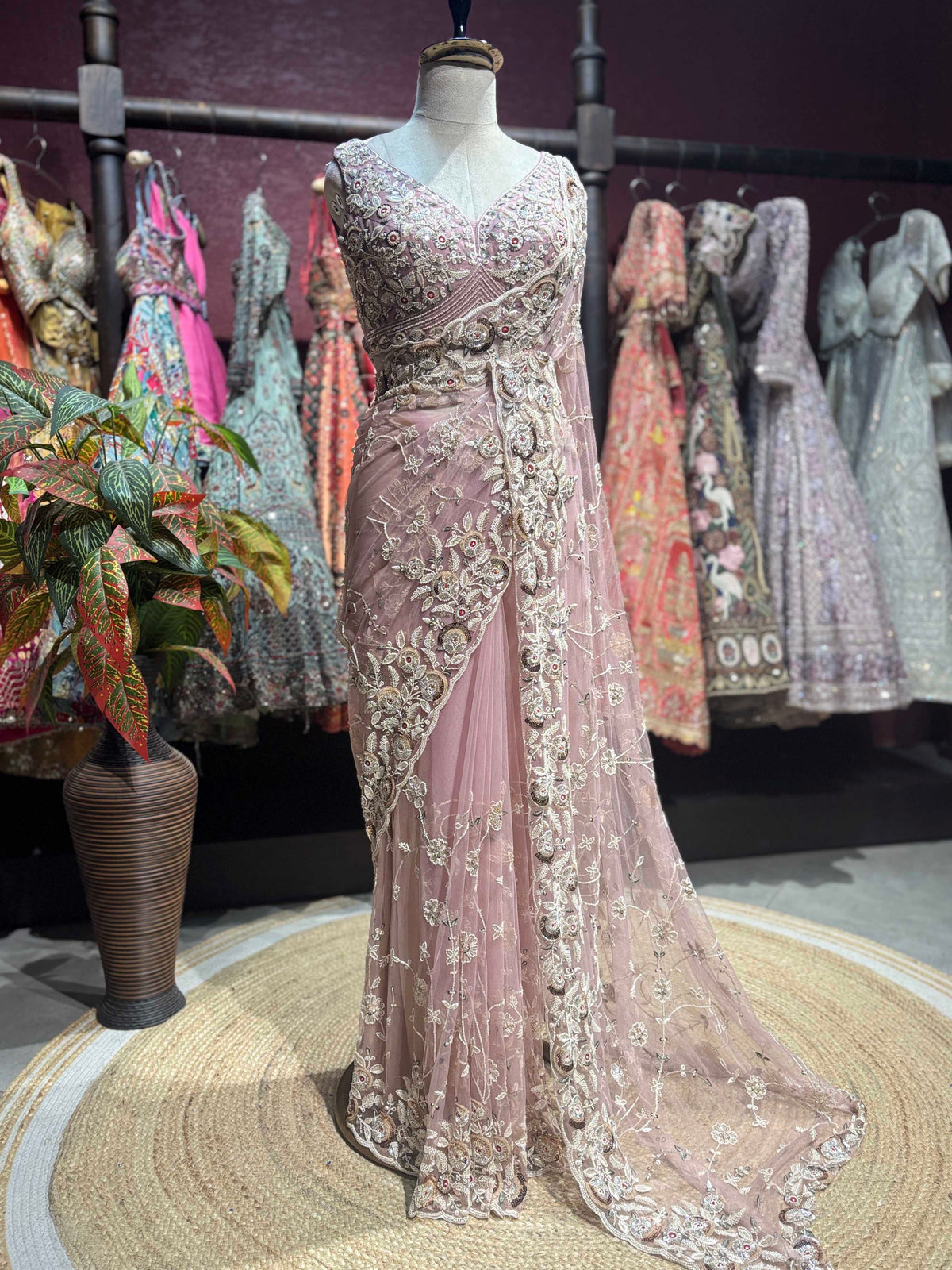 Blush Pink Rose Embroidered Net Saree with Designer Blouse