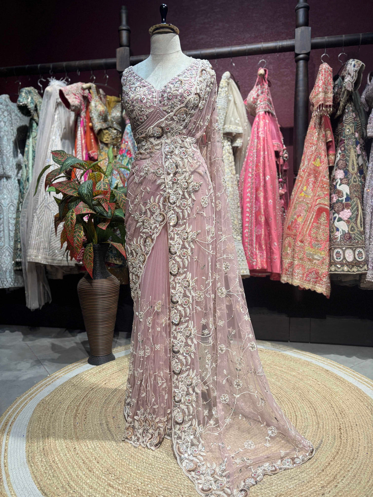 Blush Pink Rose Embroidered Net Saree with Designer Blouse