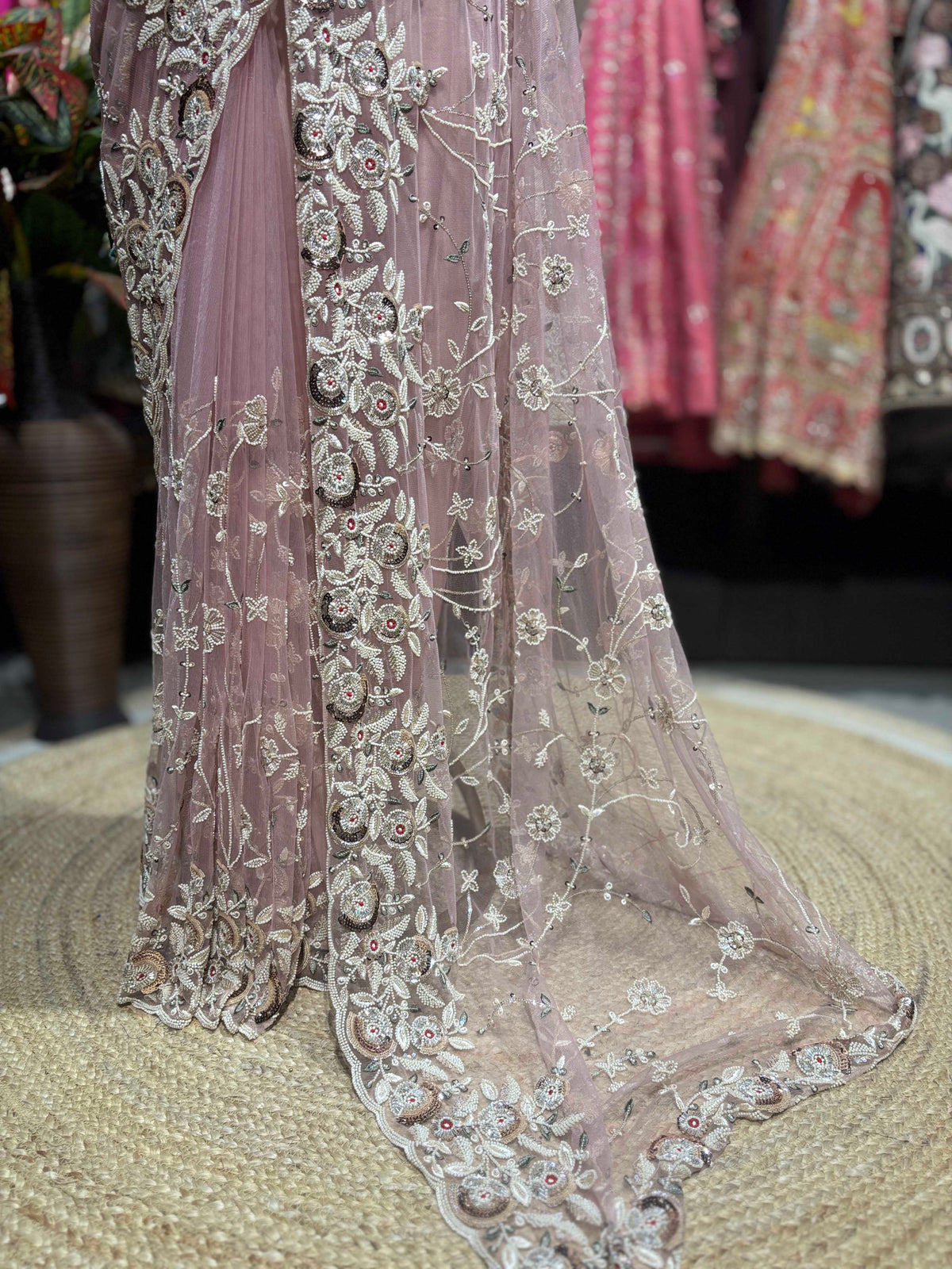 Blush Pink Rose Embroidered Net Saree with Designer Blouse