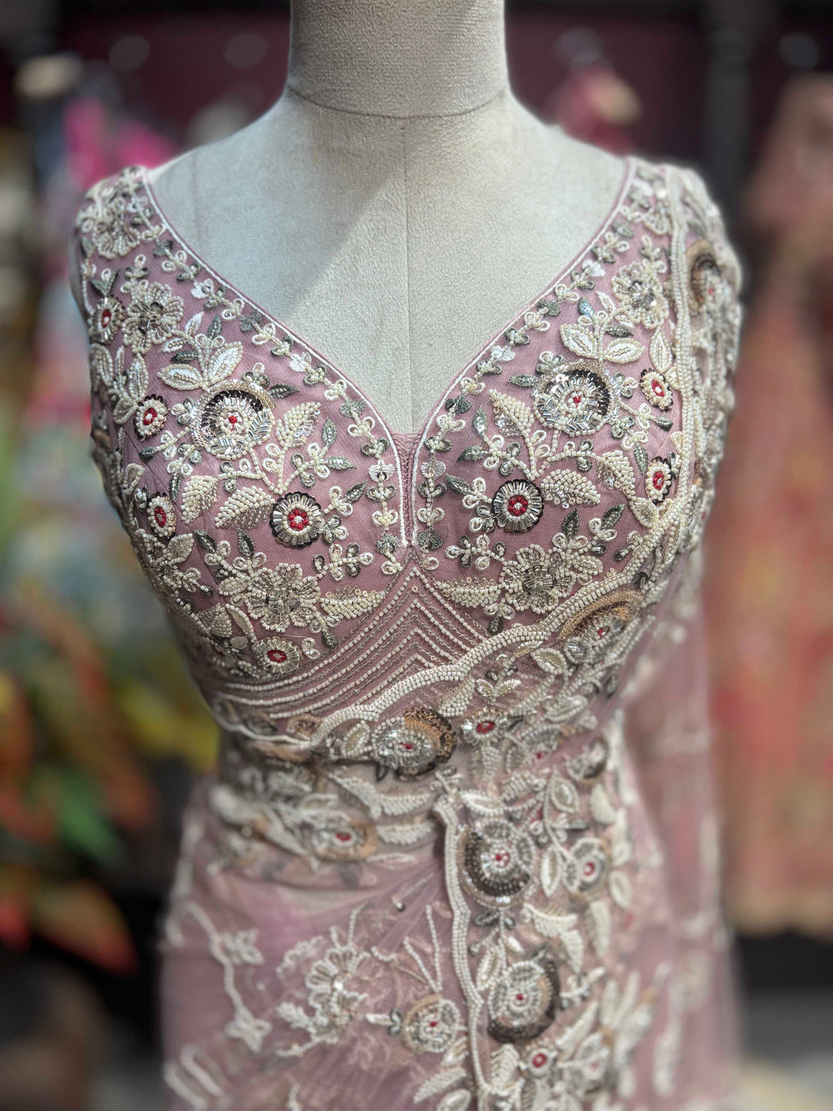Blush Pink Rose Embroidered Net Saree with Designer Blouse