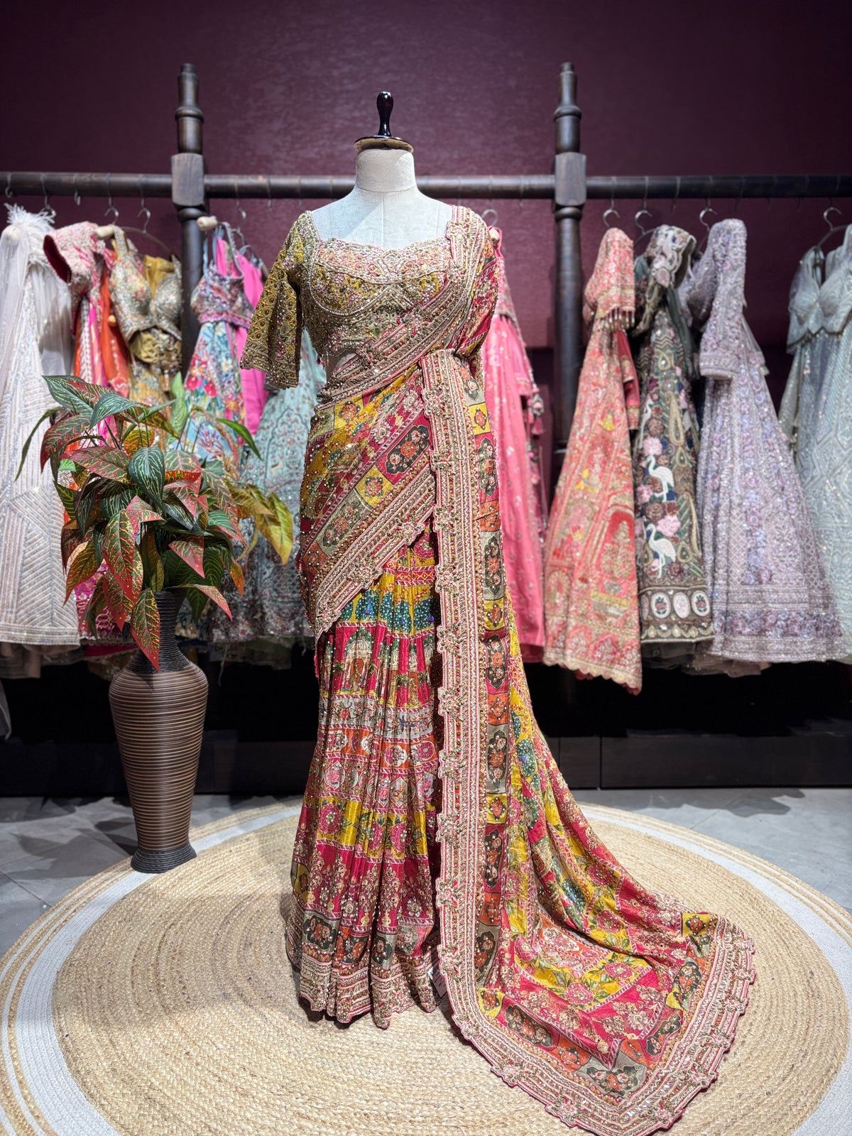 Luxury Multicolor Designer Saree with Heavy Hand Embroidery & Mirror Work