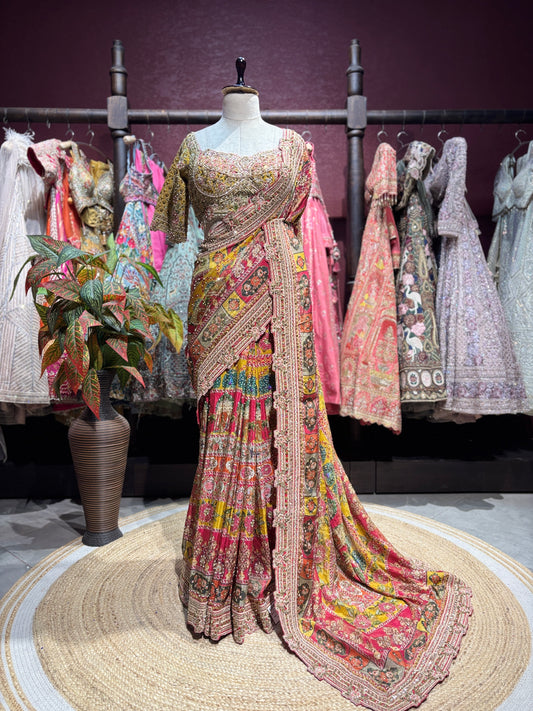 Luxury Multicolor Designer Saree with Heavy Hand Embroidery & Mirror Work