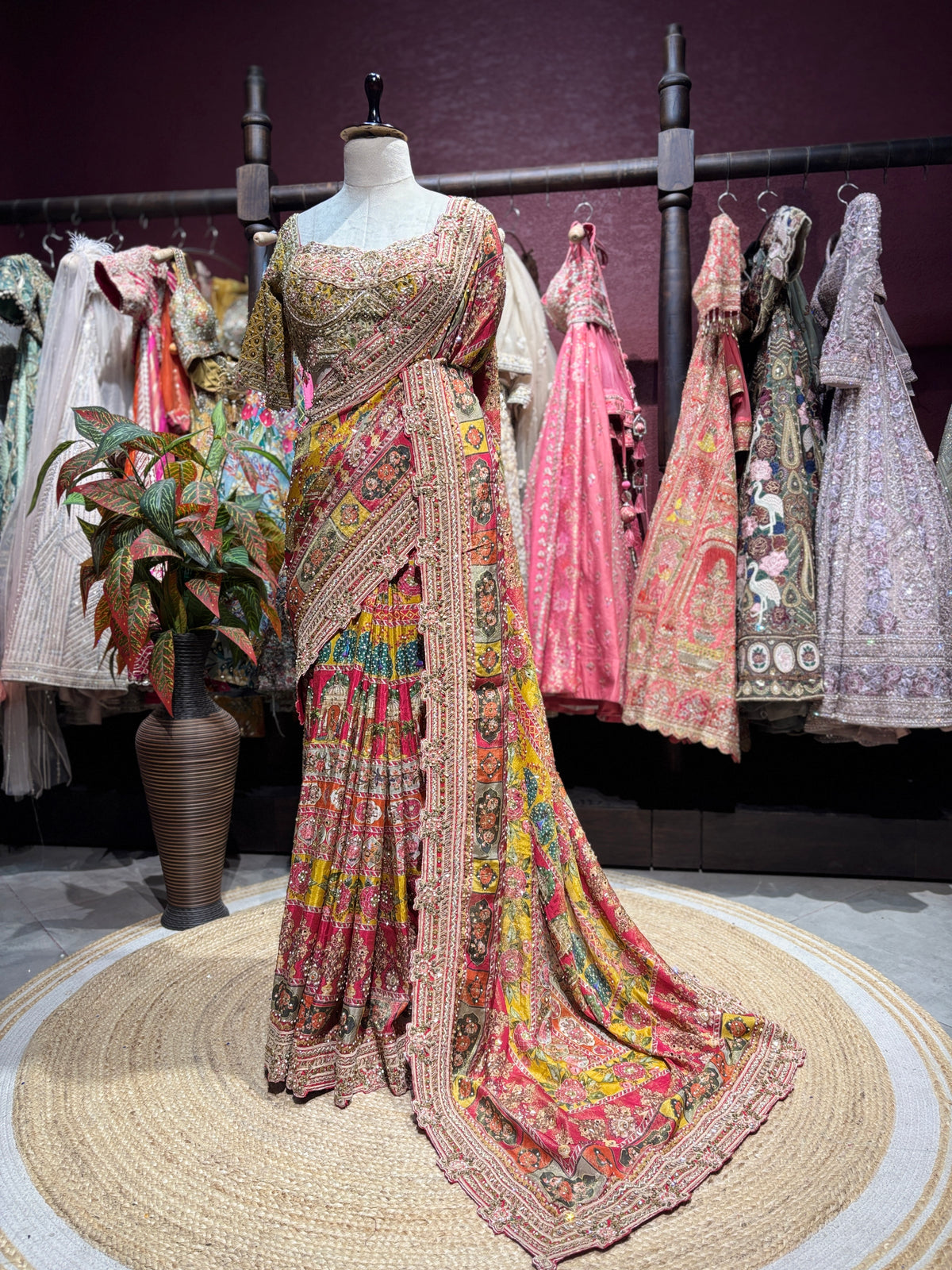 Luxury Multicolor Designer Saree with Heavy Hand Embroidery & Mirror Work
