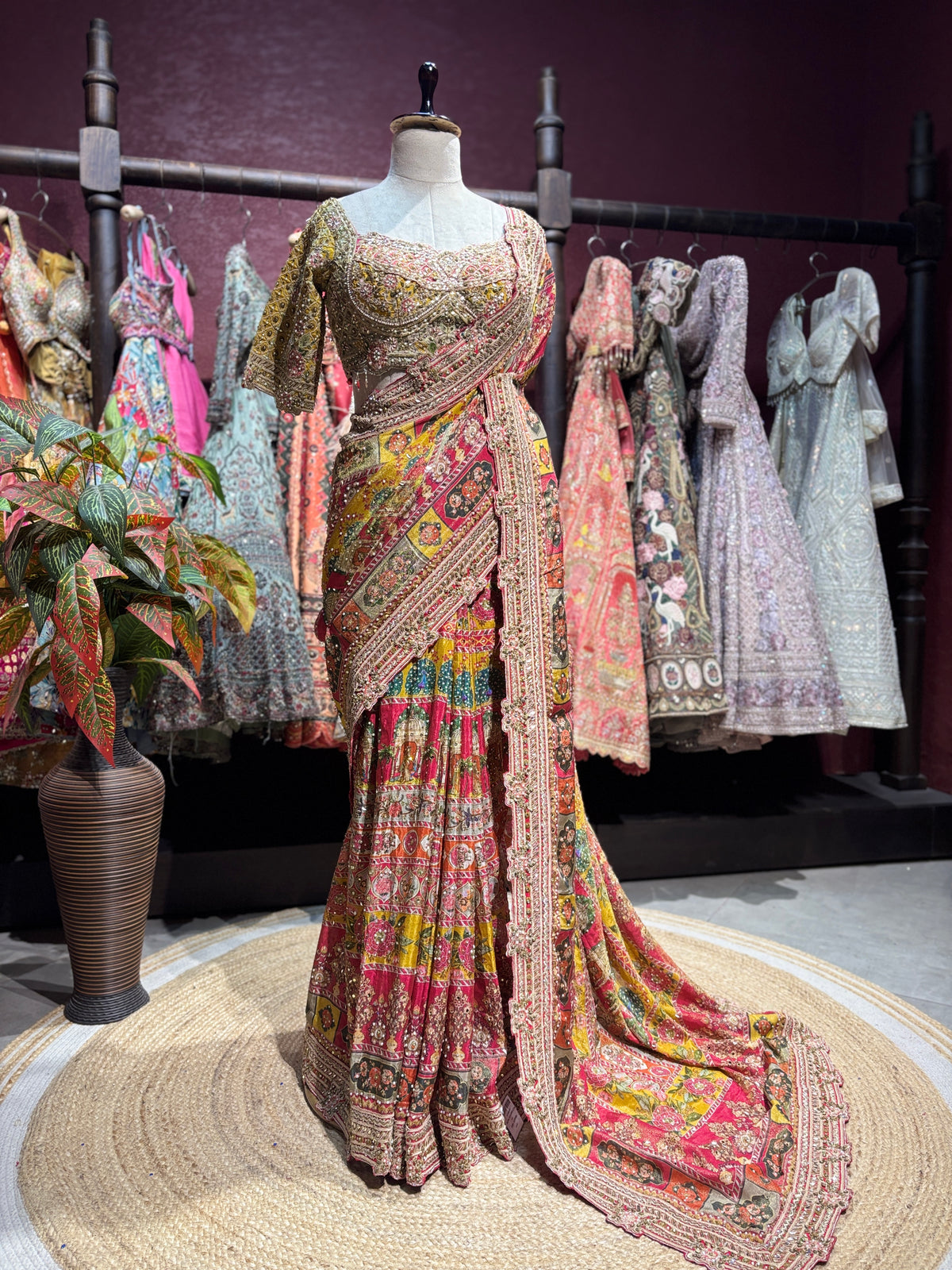 Luxury Multicolor Designer Saree with Heavy Hand Embroidery & Mirror Work