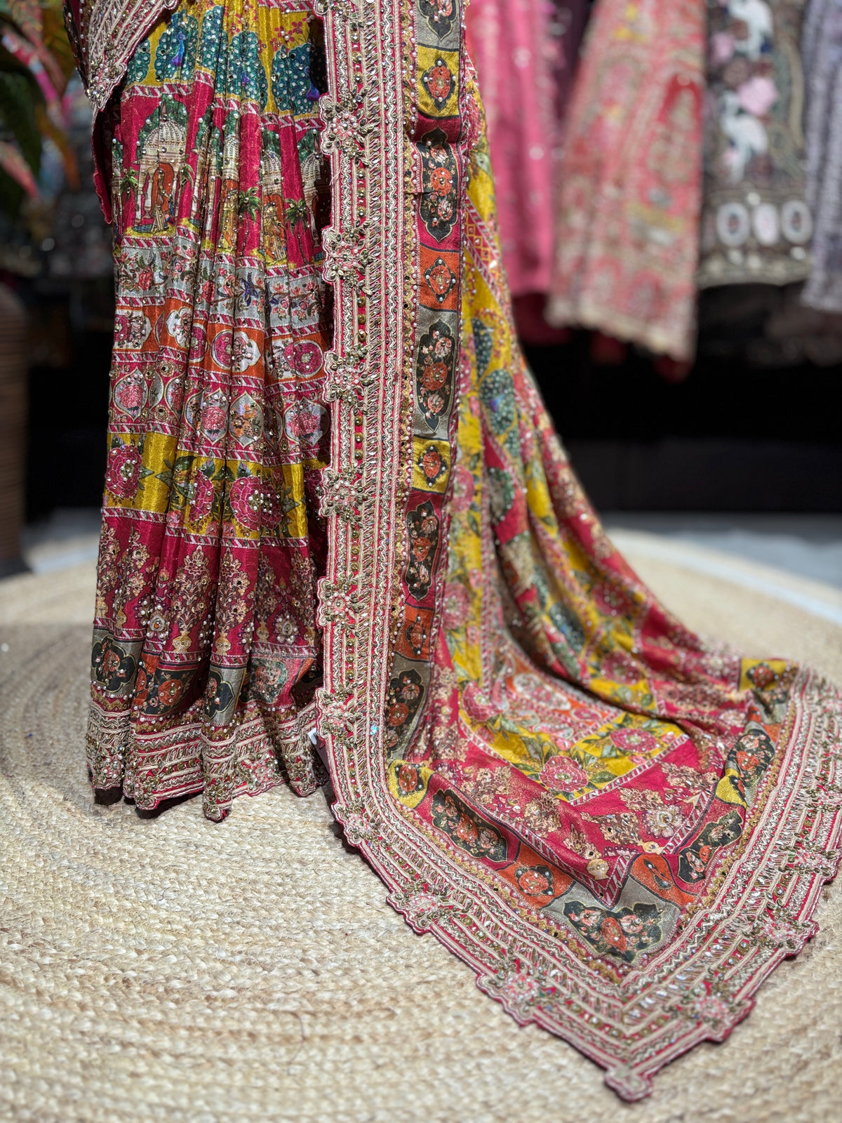 Luxury Multicolor Designer Saree with Heavy Hand Embroidery & Mirror Work
