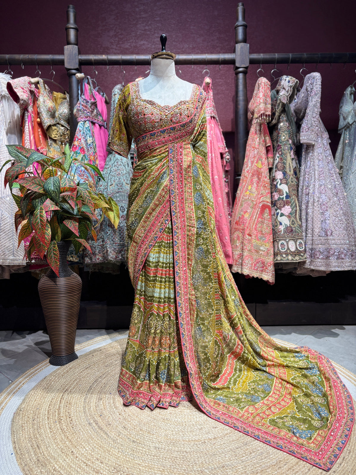 Olive Green Embroidered Designer Saree with Heavy Blouse