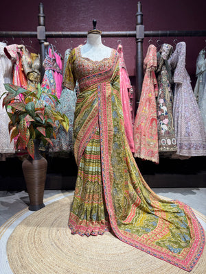Olive Green Embroidered Designer Saree with Heavy Blouse