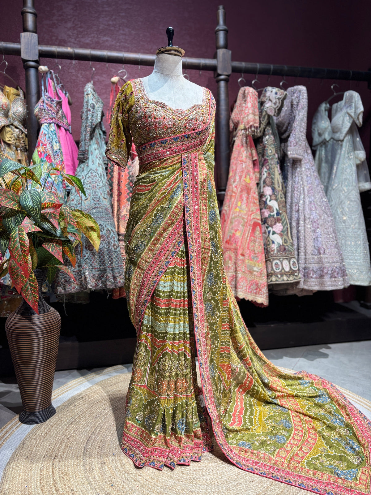 Olive Green Embroidered Designer Saree with Heavy Blouse