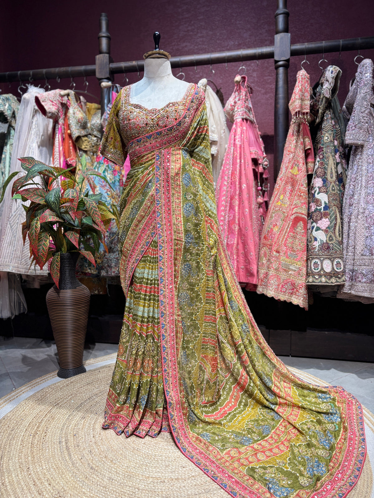 Olive Green Embroidered Designer Saree with Heavy Blouse