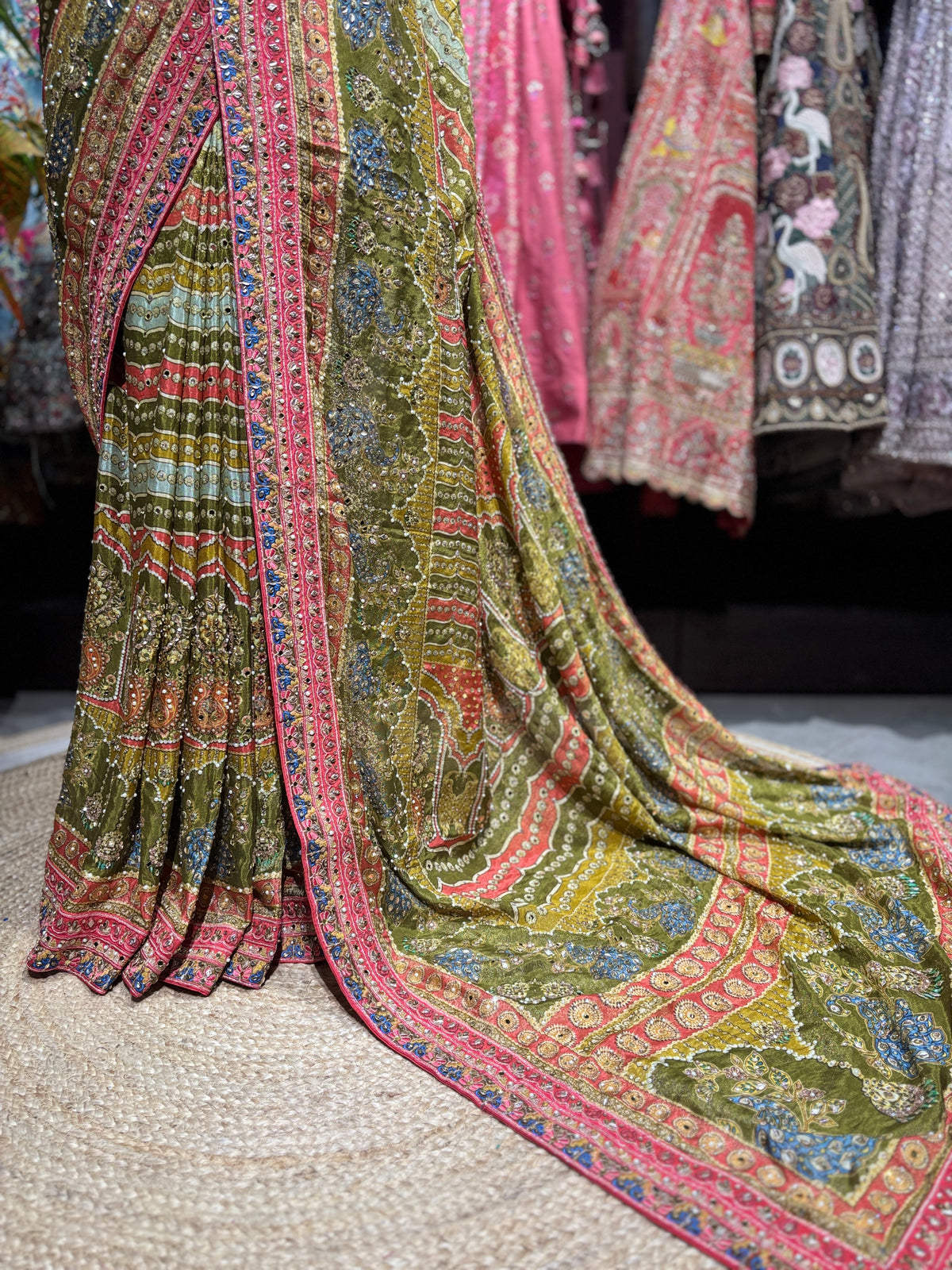 Olive Green Embroidered Designer Saree with Heavy Blouse