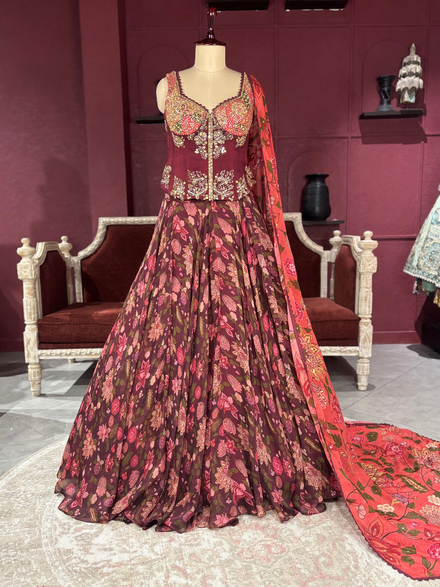 Maroon Floral Lehenga with Embroidered Blouse and Dupatta