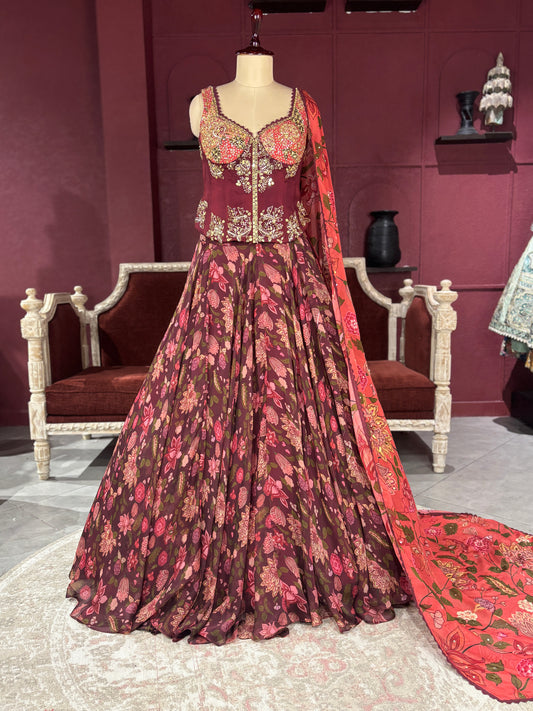 Maroon Floral Lehenga with Embroidered Blouse and Dupatta