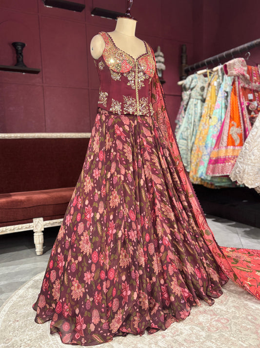 Maroon Floral Lehenga with Embroidered Blouse and Dupatta