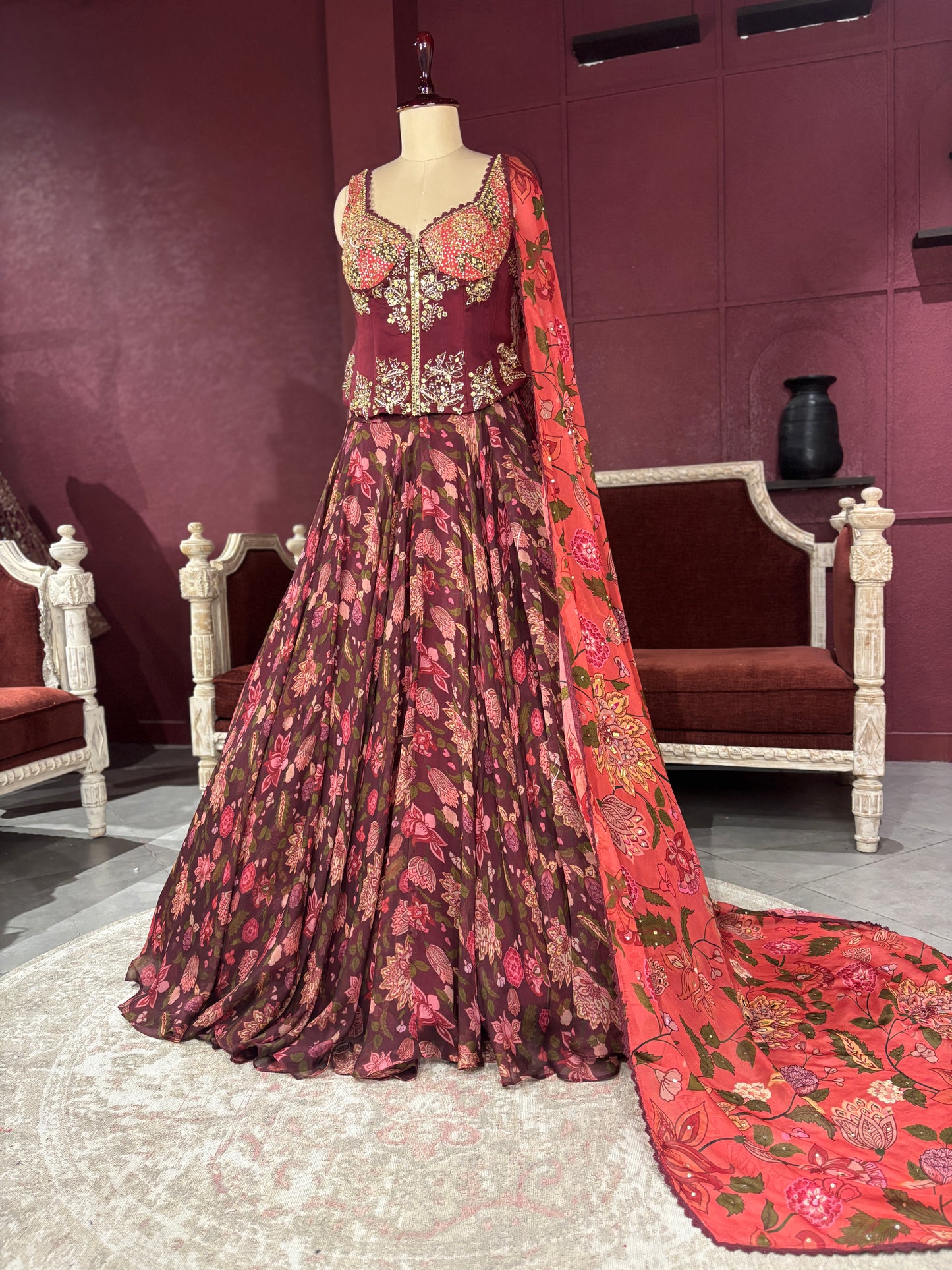 Maroon Floral Lehenga with Embroidered Blouse and Dupatta