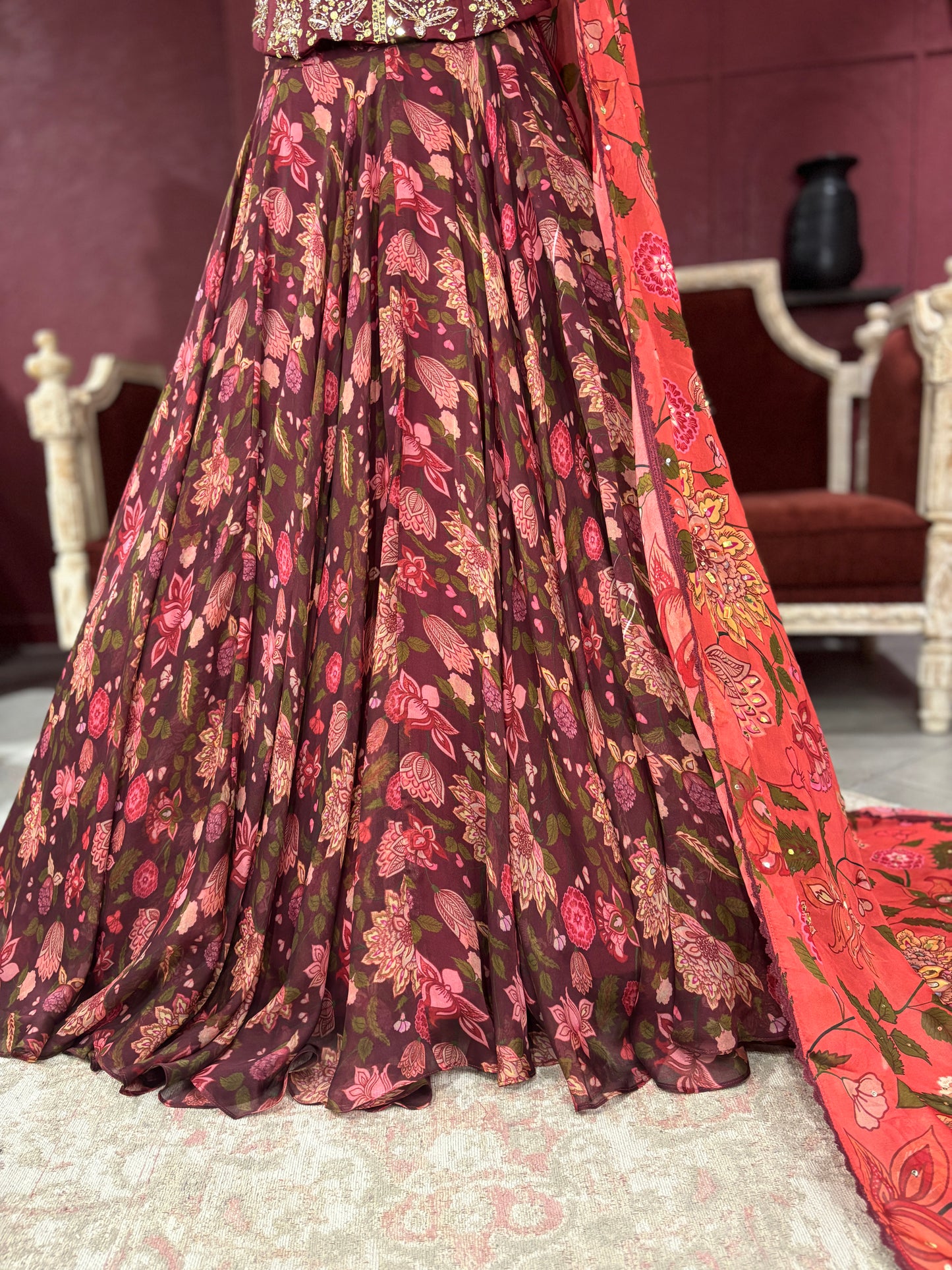 Maroon Floral Lehenga with Embroidered Blouse and Dupatta