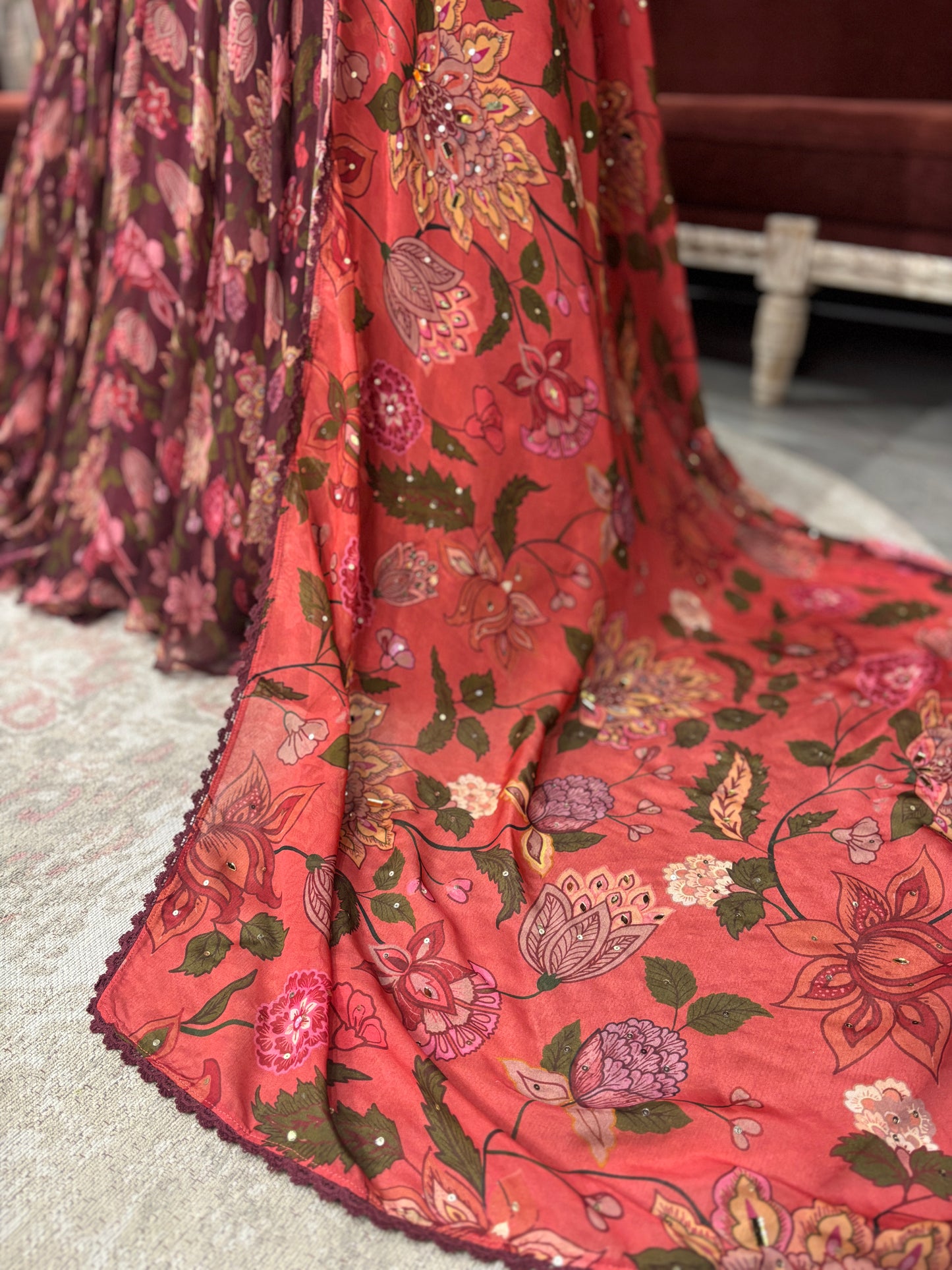 Maroon Floral Lehenga with Embroidered Blouse and Dupatta