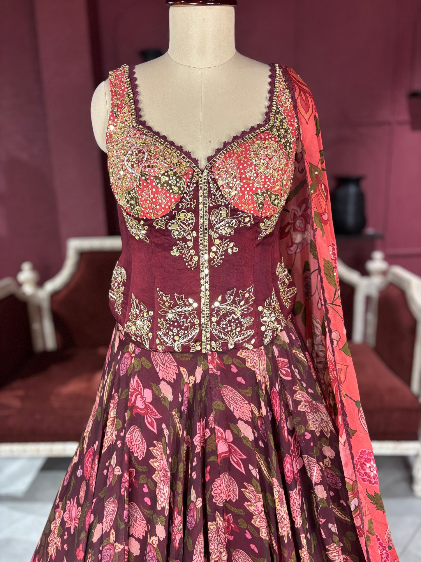 Maroon Floral Lehenga with Embroidered Blouse and Dupatta