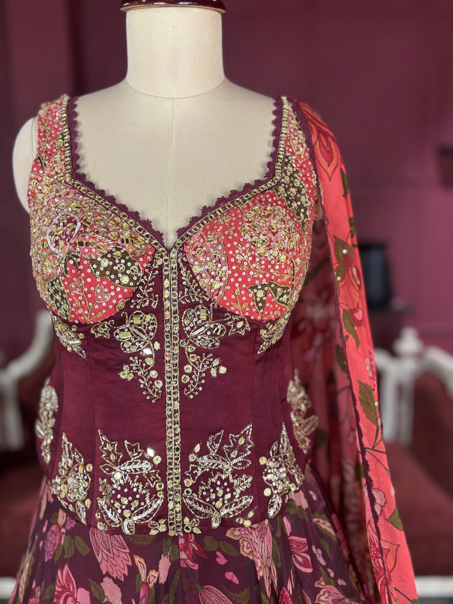 Maroon Floral Lehenga with Embroidered Blouse and Dupatta