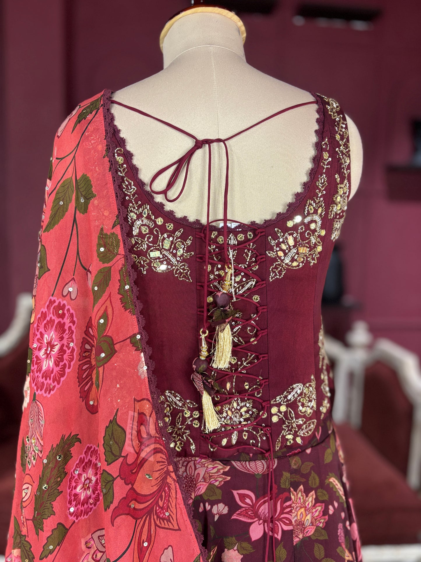 Maroon Floral Lehenga with Embroidered Blouse and Dupatta