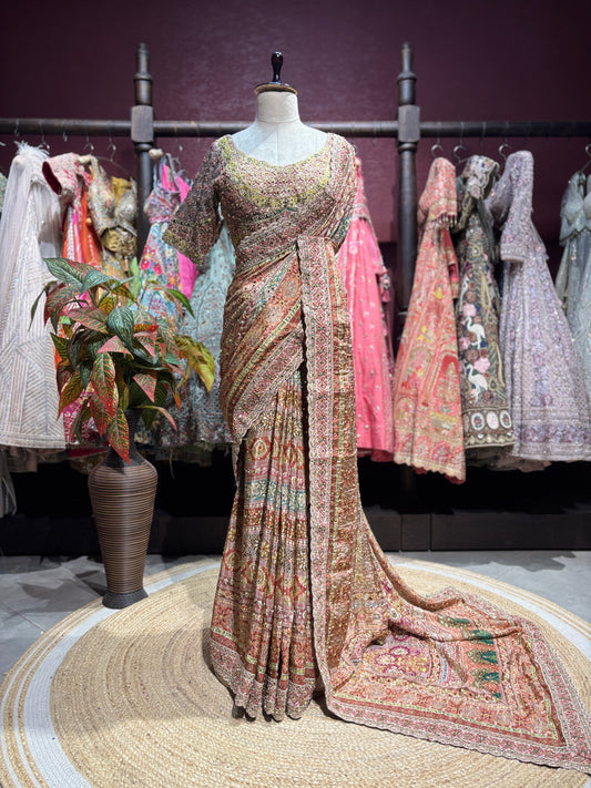 Rose Gold Multicolor Heavy Embroidered Designer Saree with Statement Blouse