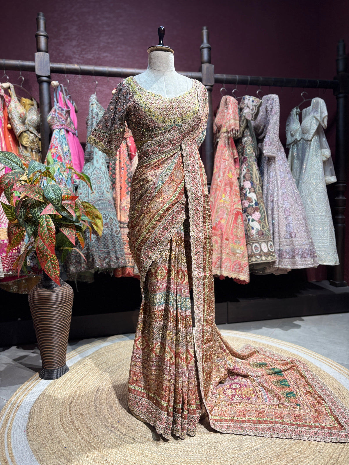 Rose Gold Multicolor Heavy Embroidered Designer Saree with Statement Blouse