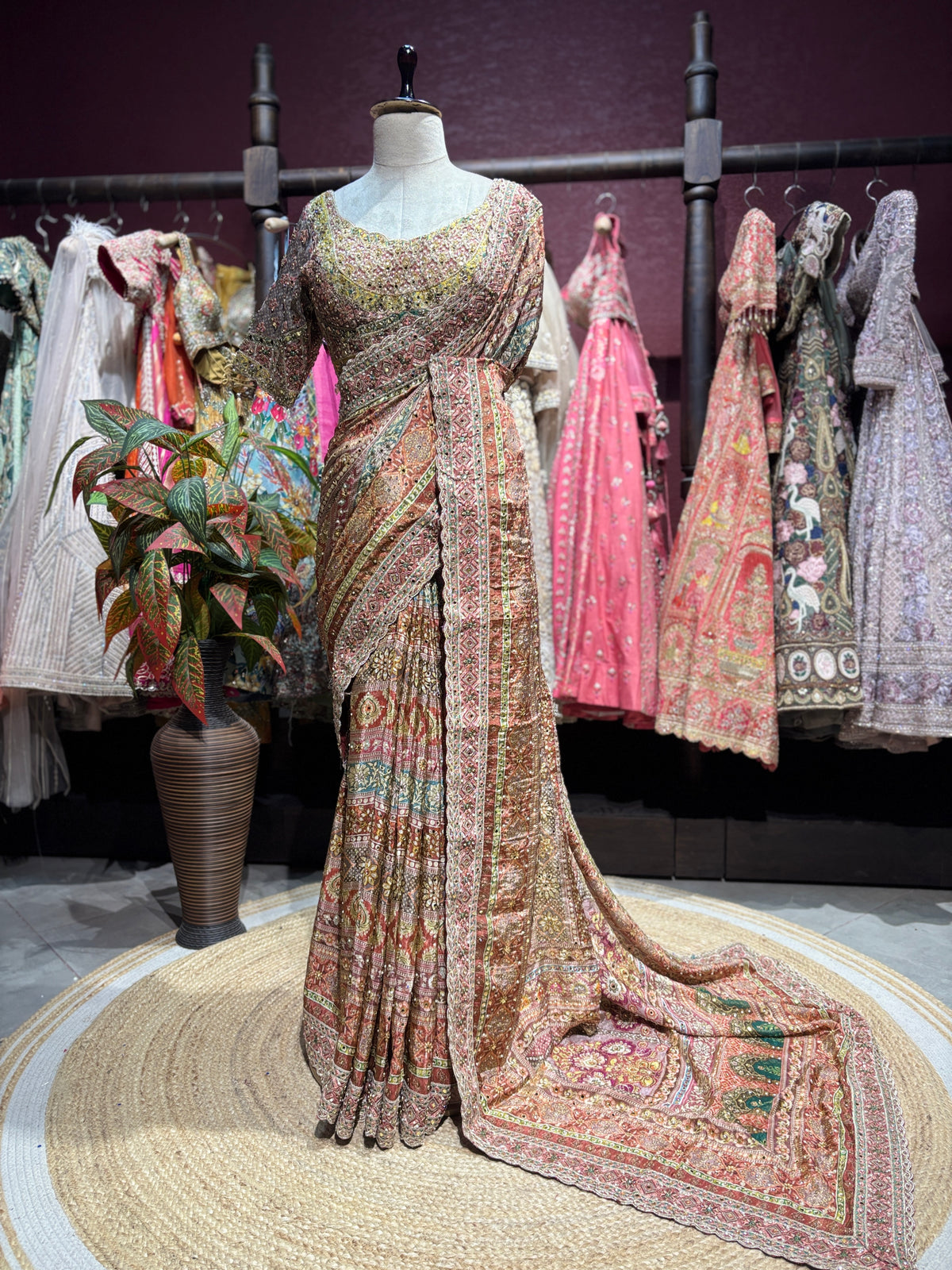 Rose Gold Multicolor Heavy Embroidered Designer Saree with Statement Blouse