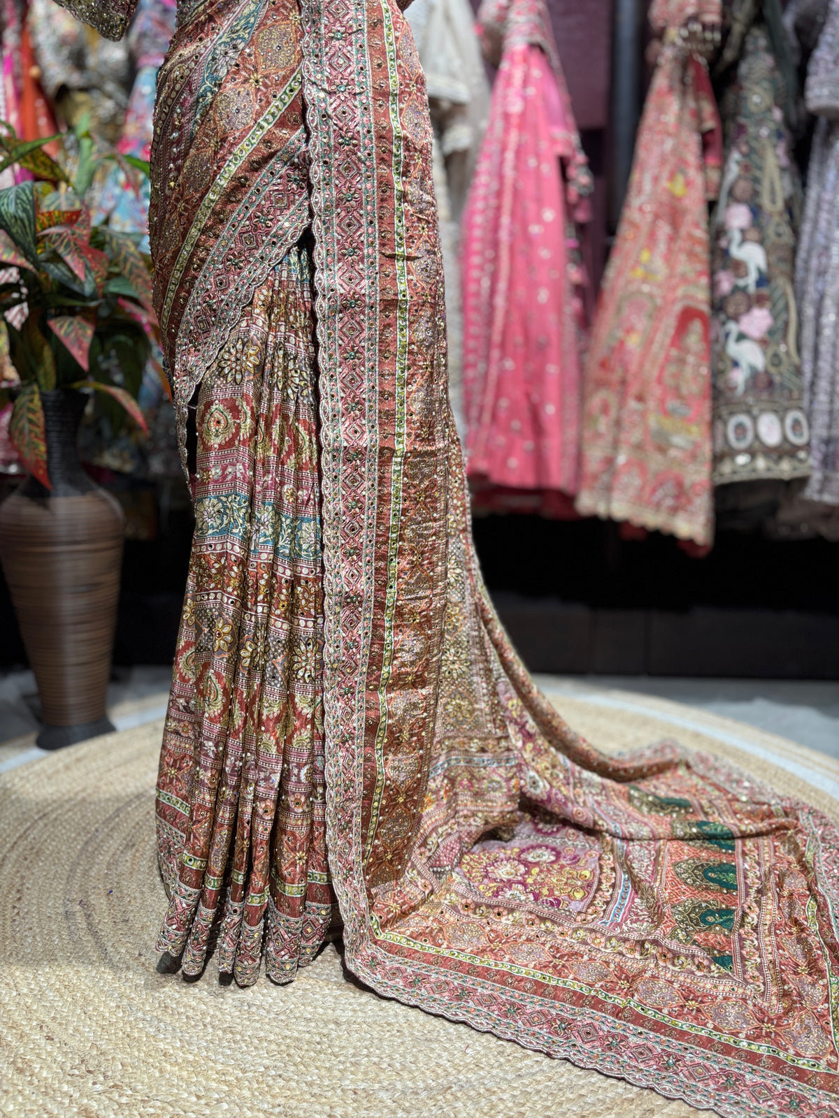 Rose Gold Multicolor Heavy Embroidered Designer Saree with Statement Blouse