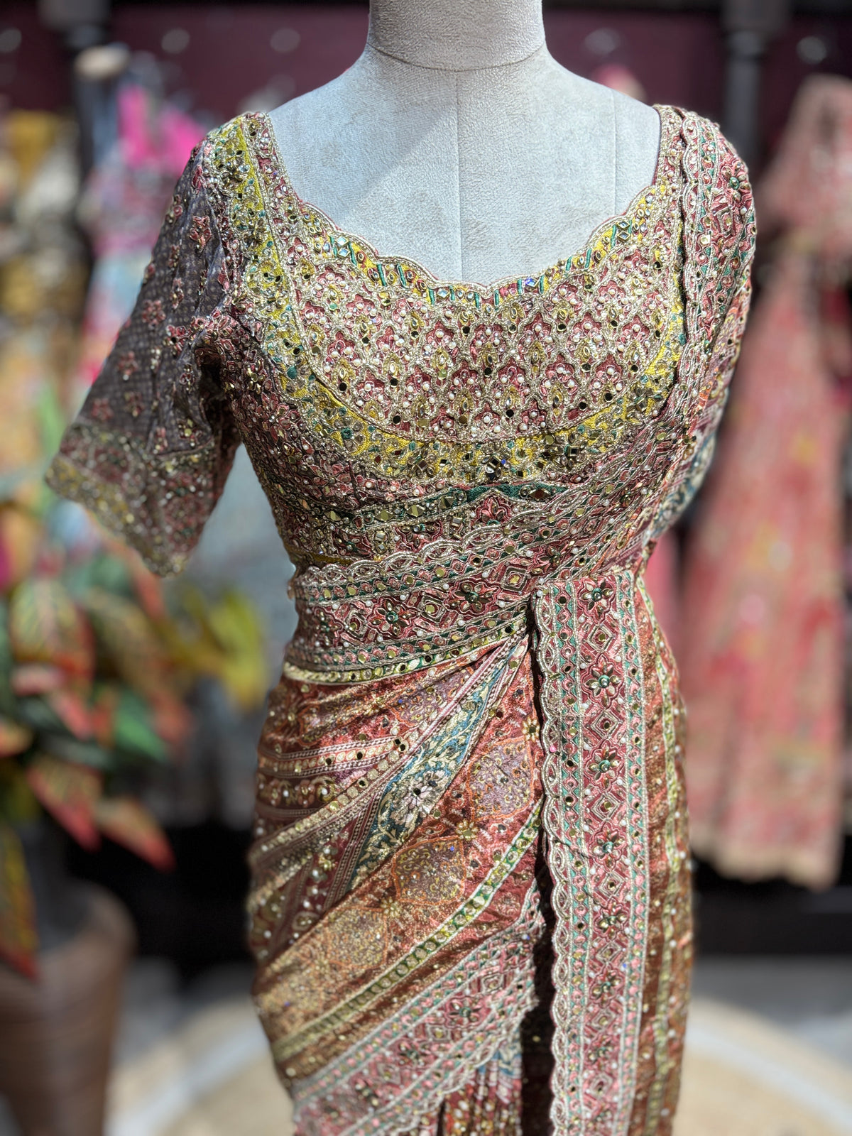 Rose Gold Multicolor Heavy Embroidered Designer Saree with Statement Blouse